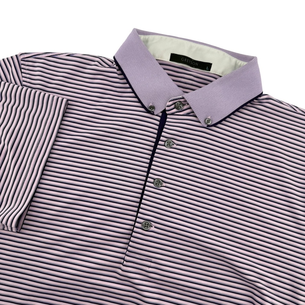 Greyson Short Sleeve Polo Button Down Knit Collar Pink‎ Sky Striped Men L Golf